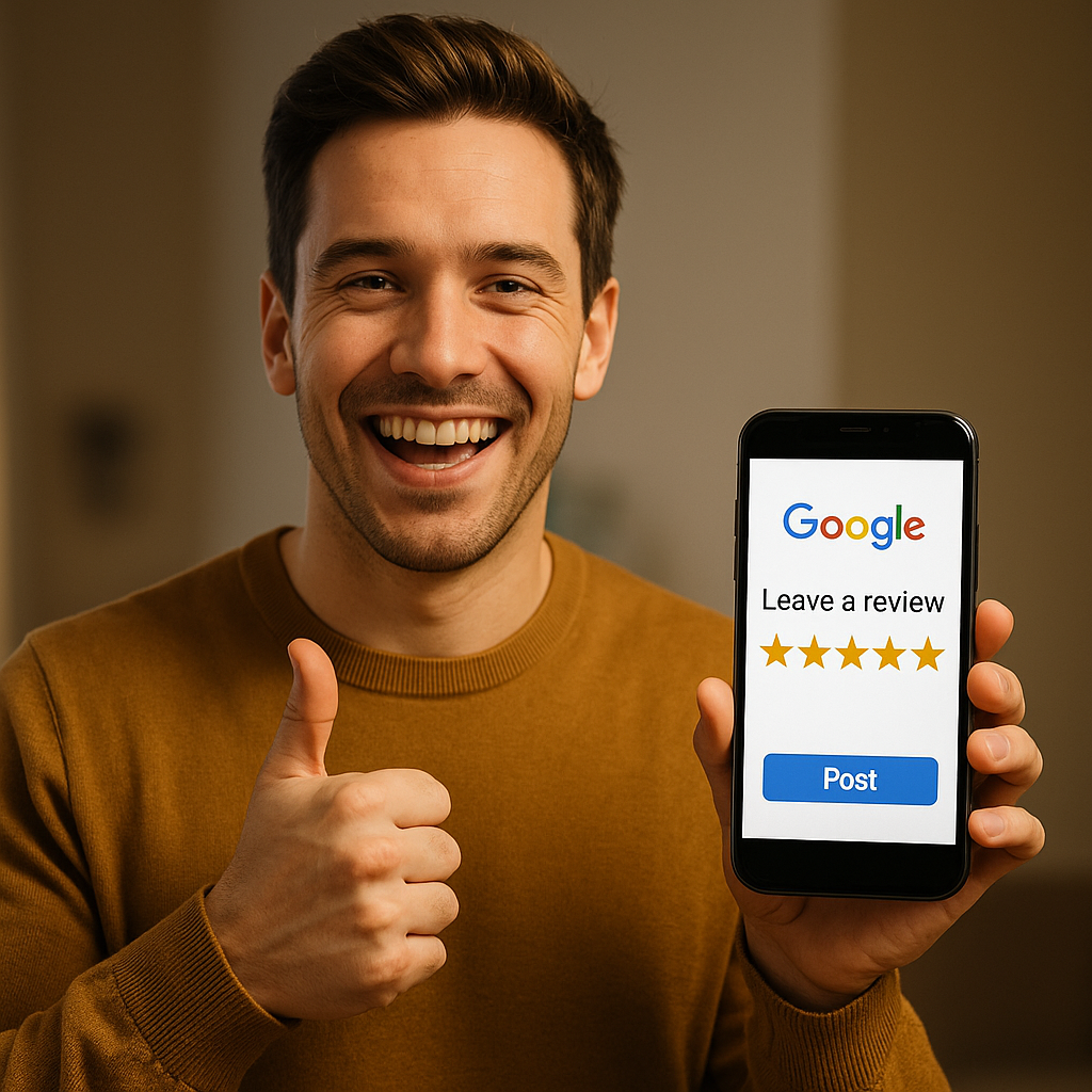 Business owner happy about getting more 5-star Google Reviews