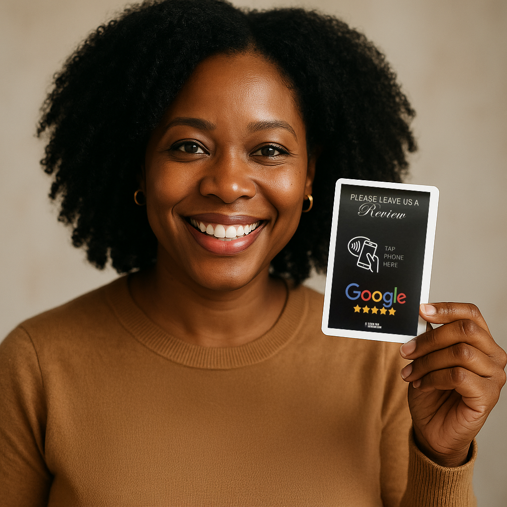 A happy customer holding a Google Review Card
