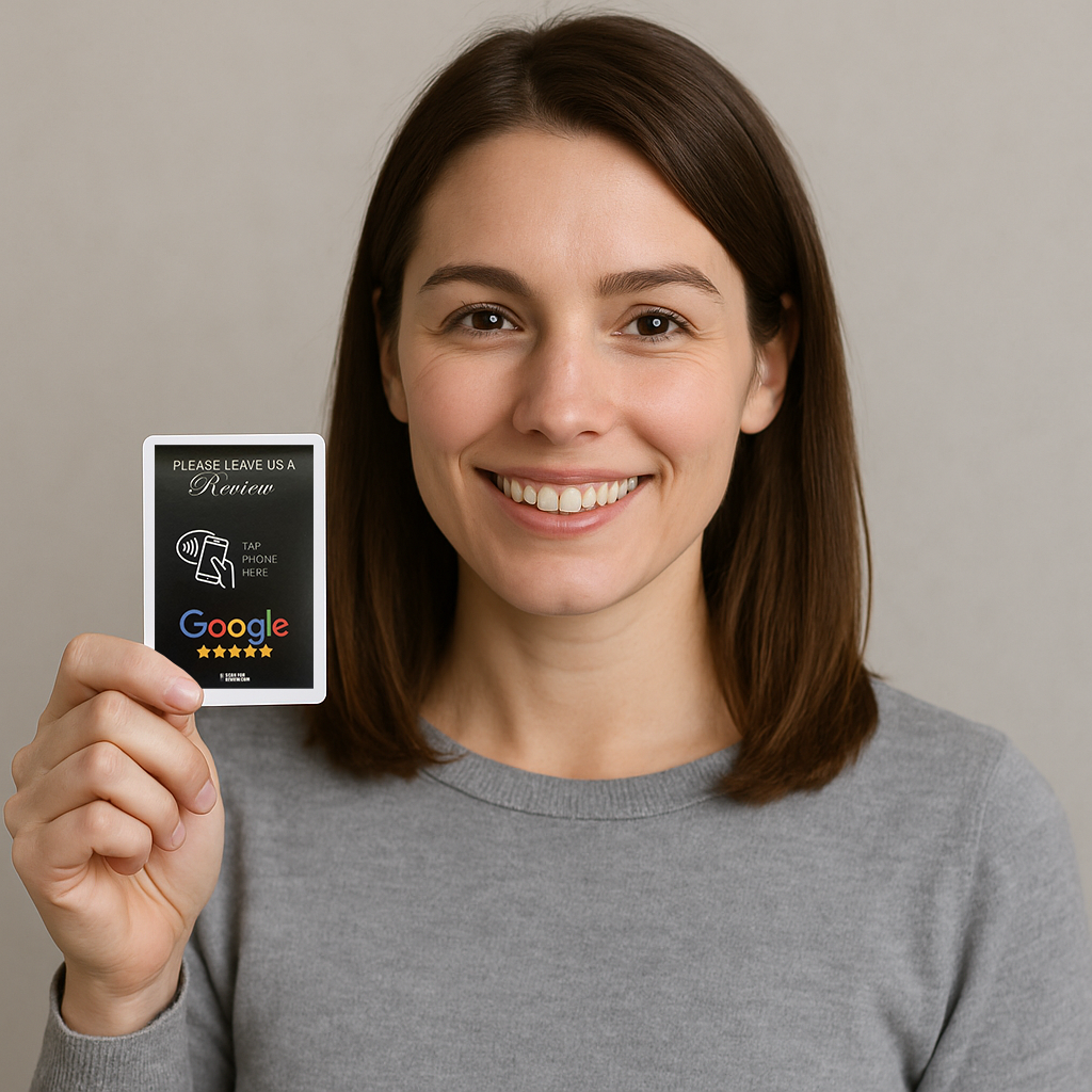 Close-up of the Google Review Card with NFC and QR code