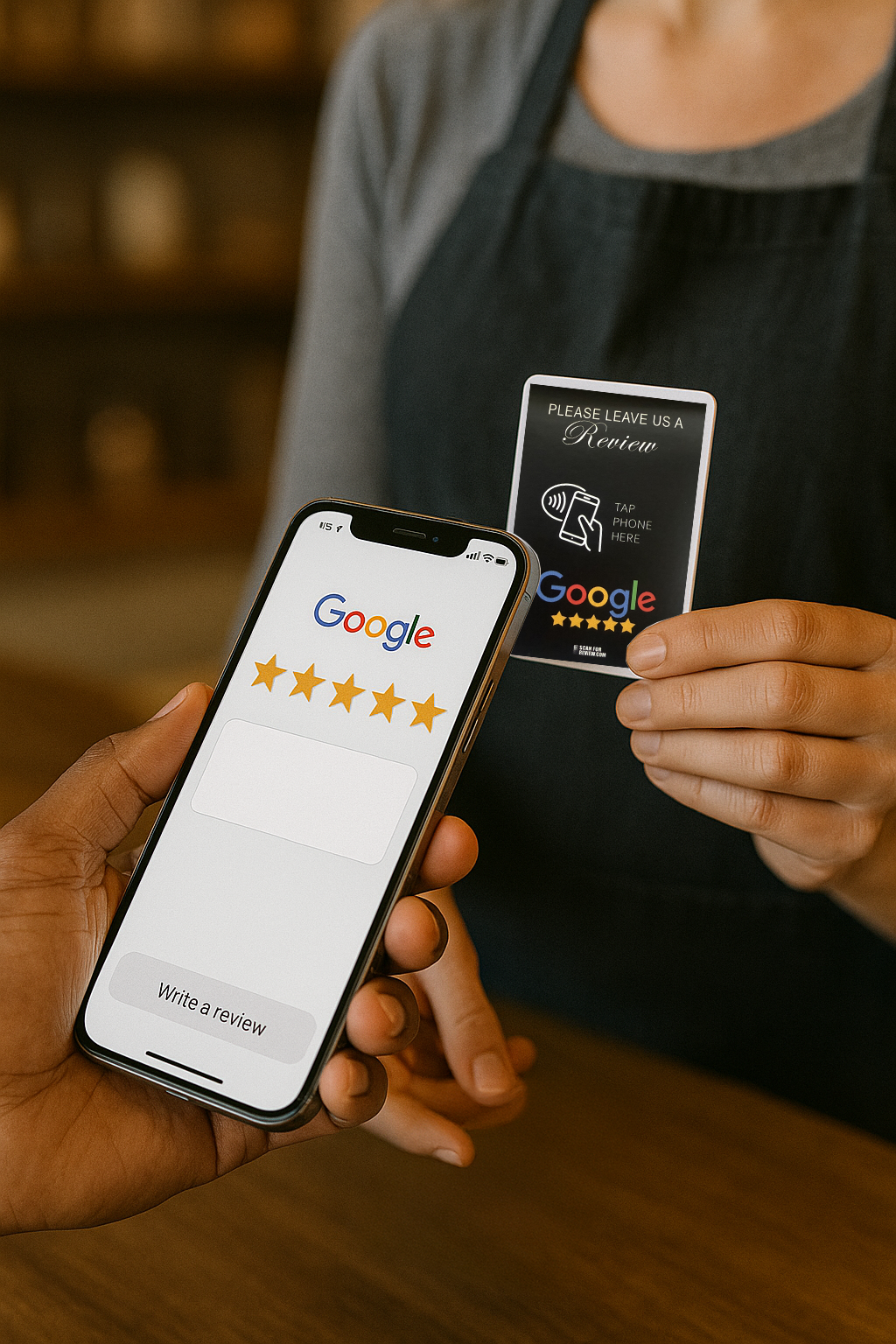 Phone tapping a Google Review Card to leave a 5-star review
